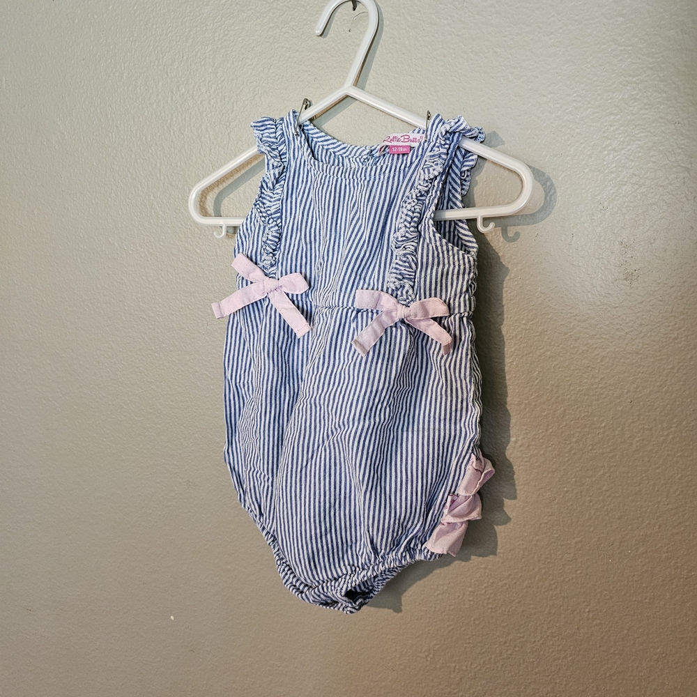 Ruffle Butts Blue and White Striped Romper